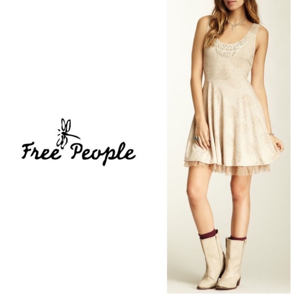 FREE PEOPLE “ROCK PRINCESS” Tulle Trim BEADED SKATER DRESS! Fit & Flare Stretchy